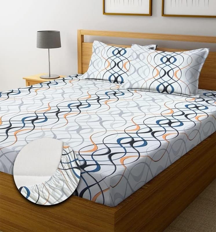 Image of Jashan 210 TC Premium Glace Cotton Comfort Elegent Design Bedsheet with Pillow Cover - Ultra Soft Cotton King Bed Sheet for Daily Comfort - White Challa Elegent 72x78x10 Inche