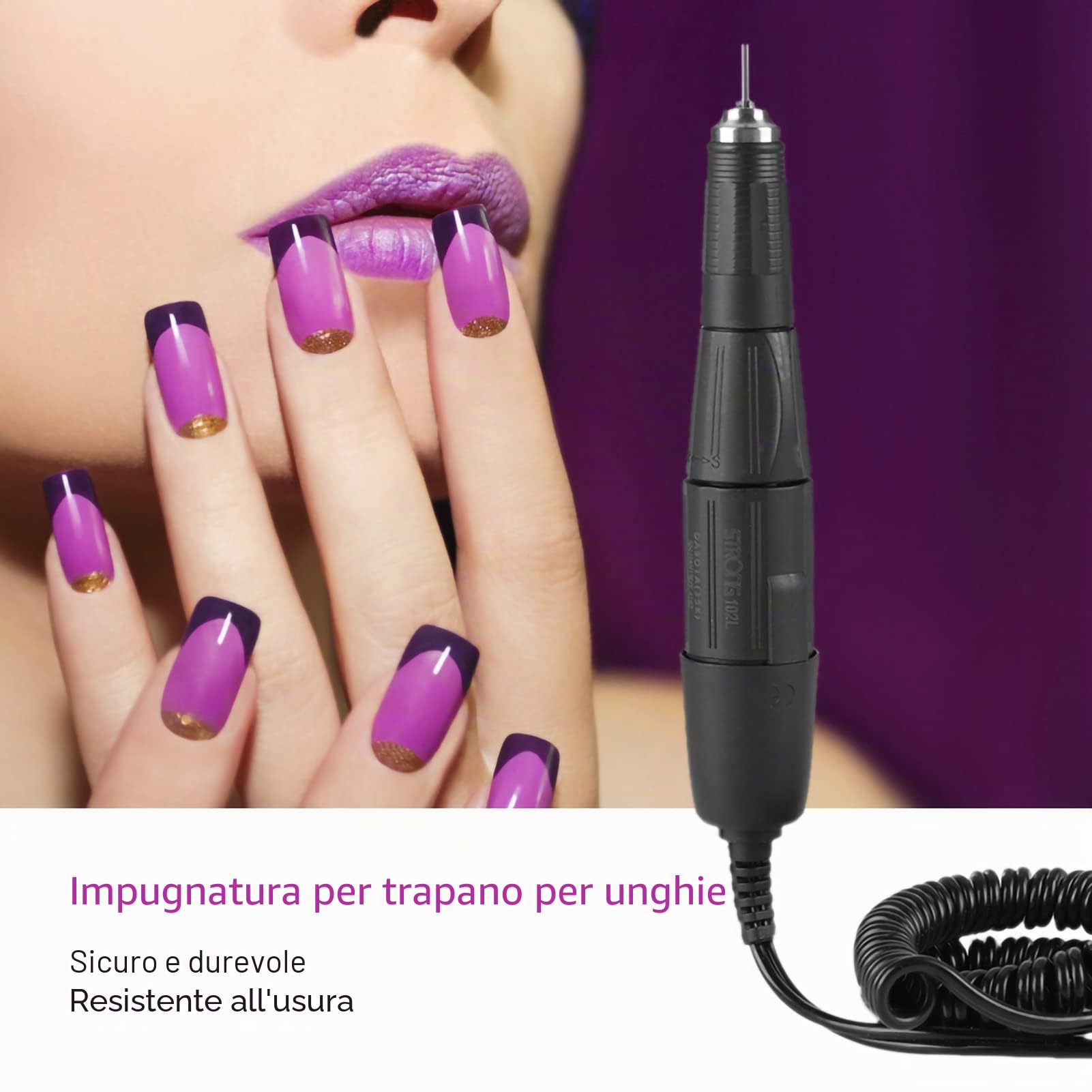 Manipolo Elettrico per Fresa Unghie 2,35 mm con Testine Abrasive, Direzione Avanti e Indietro, per Manicure, Nero