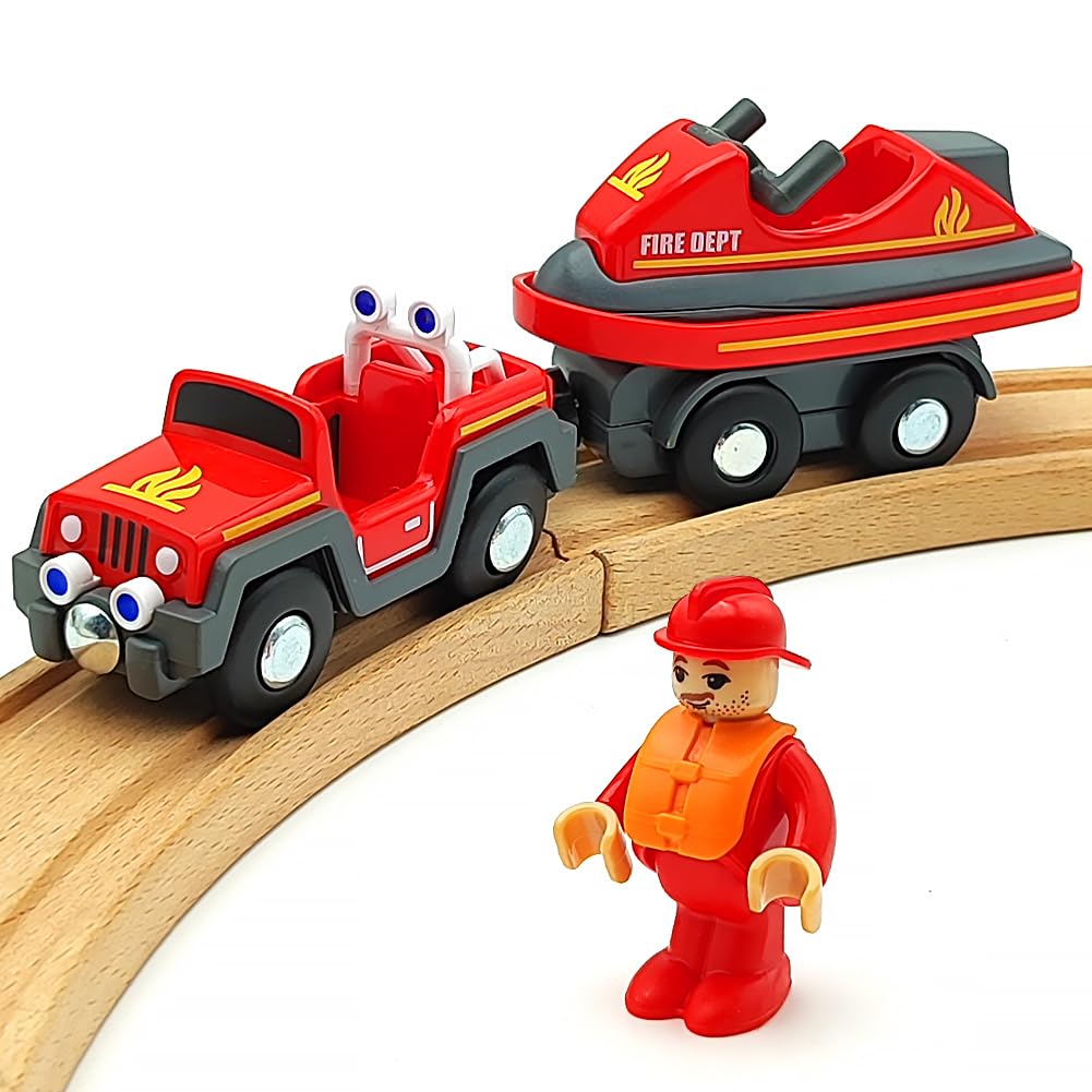 Wooden Train Cars Track Accessories Set Rescue Fire Truck with Light and Sound Small Vehicles Magnetic Train Cars Fit for Wooden Train Track Railway