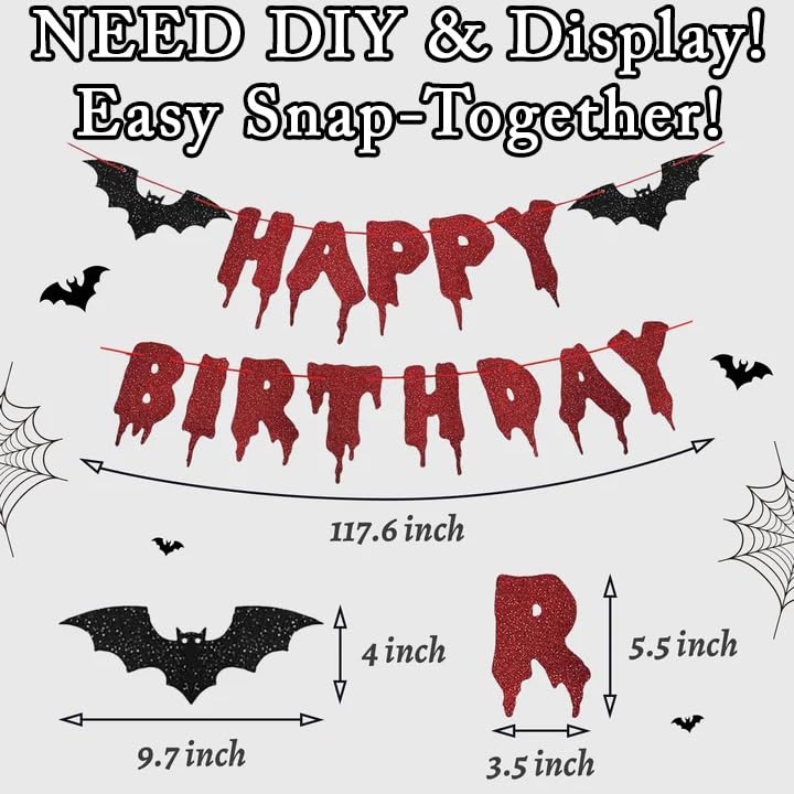 Image of Halloween Happy Birthday Banner, Bloody Bat Vampire Red and Black Birthday Decorations, Glitter Foil Fringe Curtains Backdrop Balloons Horror Movie Themed Party Decoration Supplies