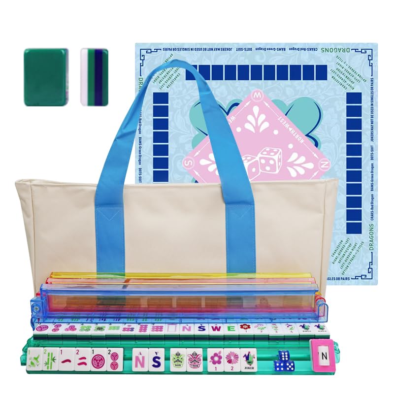 American Mahjong Game Set, Portable Carrying Bag,Acrylic 160 Tiles,Western Mahjong Tiles Set,Complete Ma Jong Set (Green)