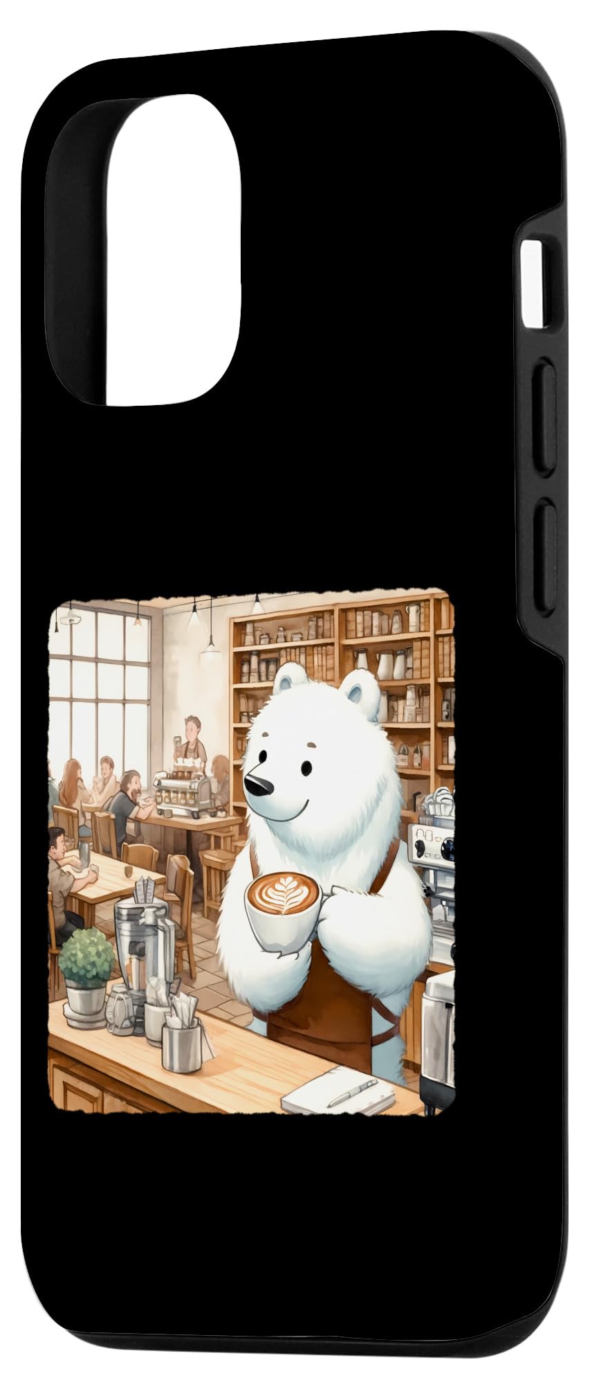 iPhone 13 Ice Bear Barista Making Latte Art. Cafe Bookshelves Patrons Case - Image 2