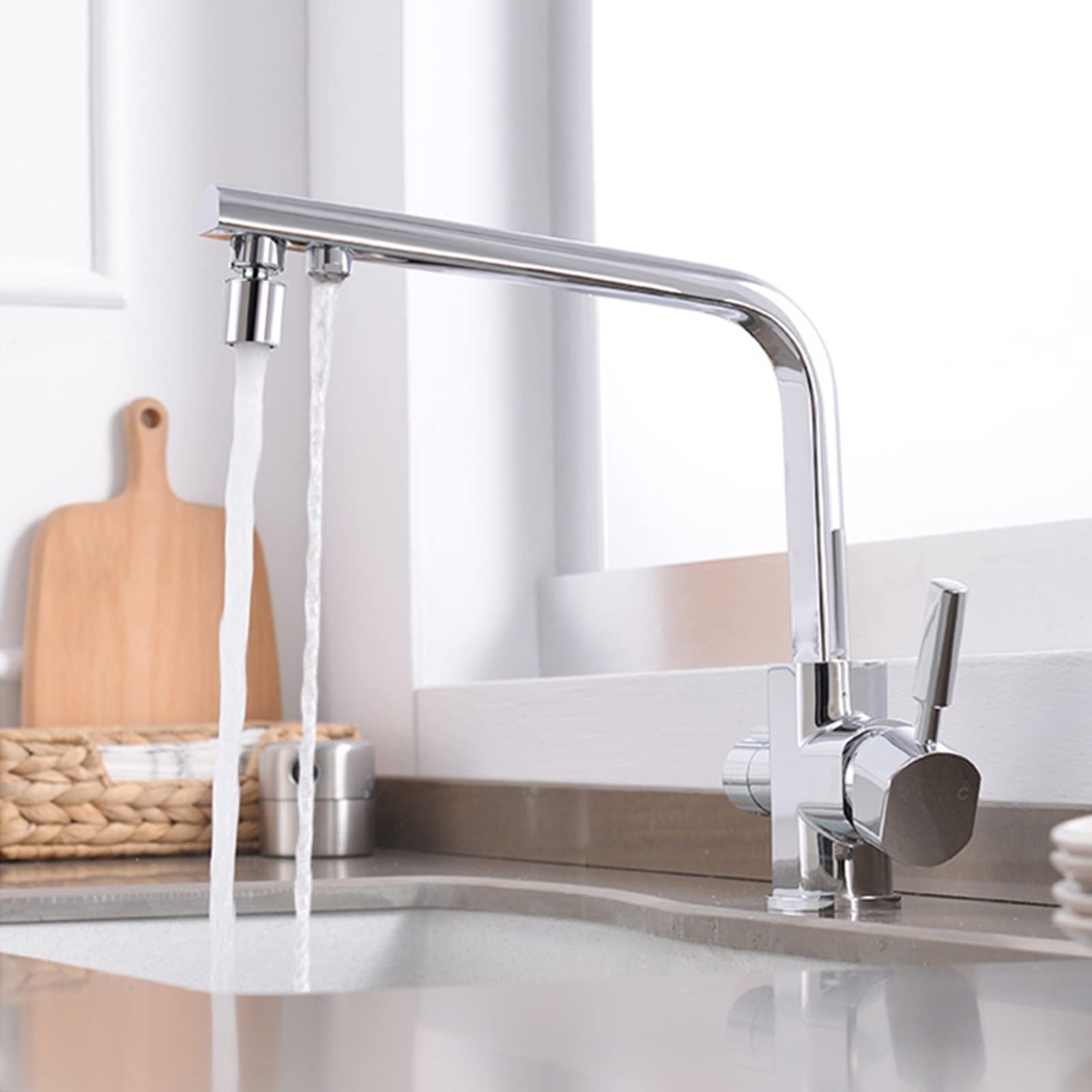 Robinet d'évier de Cuisine à Filtre à 3 Voies avec Bec pivotant pour Eau Potable Pure 3 en 1 mitigeur de Cuisine avec Sortie d'eau filtrée chromée monomode