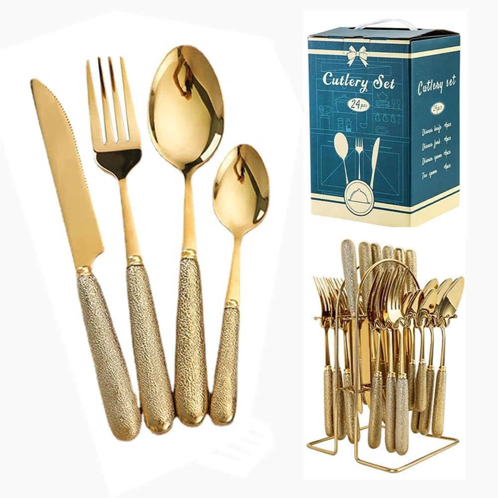 24 Pezzi Martello Grano Manico in Ceramica Cucina Acciaio Inossidabile Posate Stoviglie Posate Coltelli Forchette Cucchiai Set Per 6 Persone (Oro)