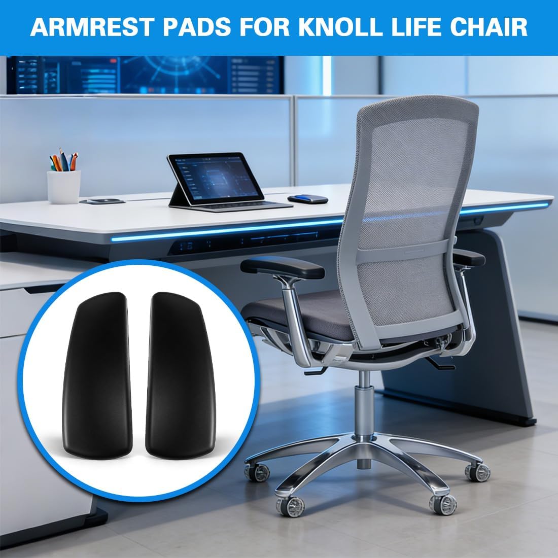 Arm Pads Caps Replacement for Knoll Life Office Chair,Chair Armrest Pads, with 12 mounting Screws（Black）