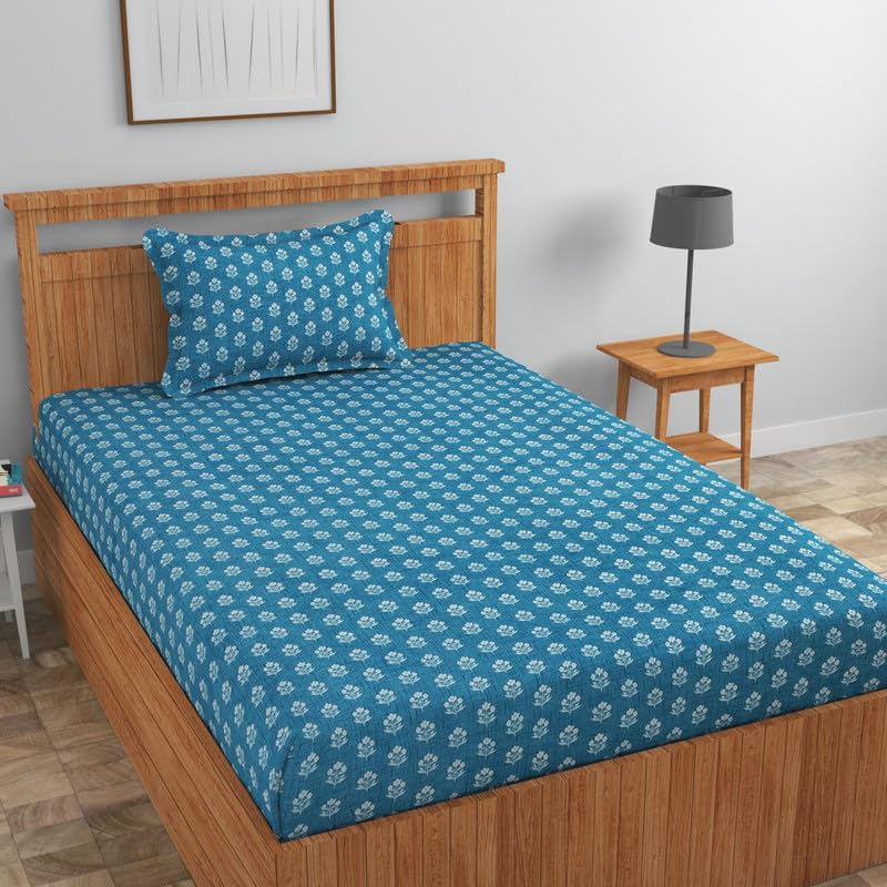 Image of NEW LEAF Pure Cotton 220 tc Flat Single Bedsheets for Summer Breathable | Wrinklefree | Super Soft (Size-60 X 90 Inch) with 1 Pillow Covers (Size-17 X 27 Inches, Floral, Teal Blue