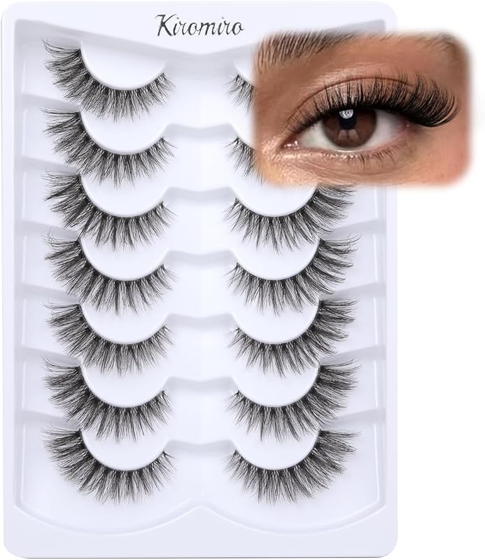 Cílios postiços Kiromiro com faixa transparente, efeito cat eye e curvatura C, 14 mm, 7 pares com cola