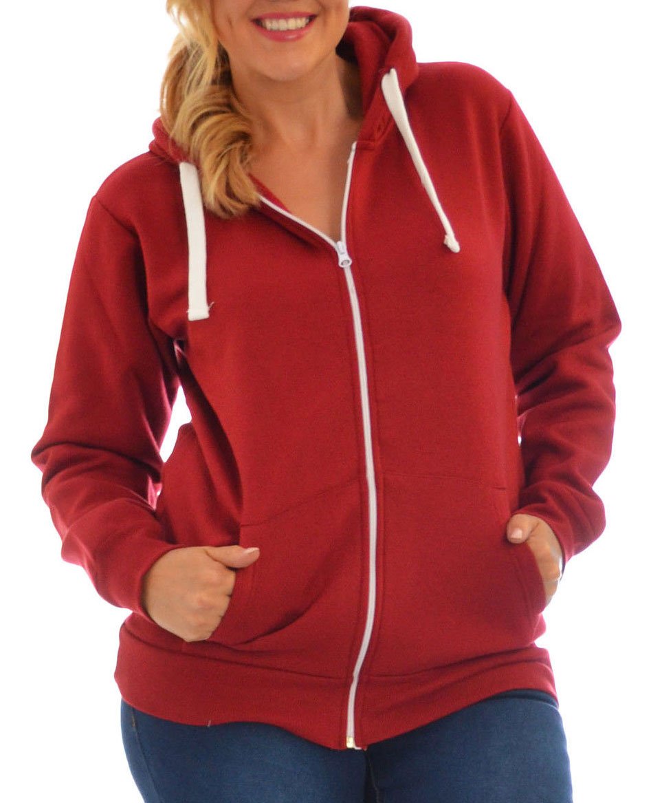 Nauvelle Womens 3028-M Plus Size Plain Full Zip Hooded Top Sweatshirt Hoodie Wine 20