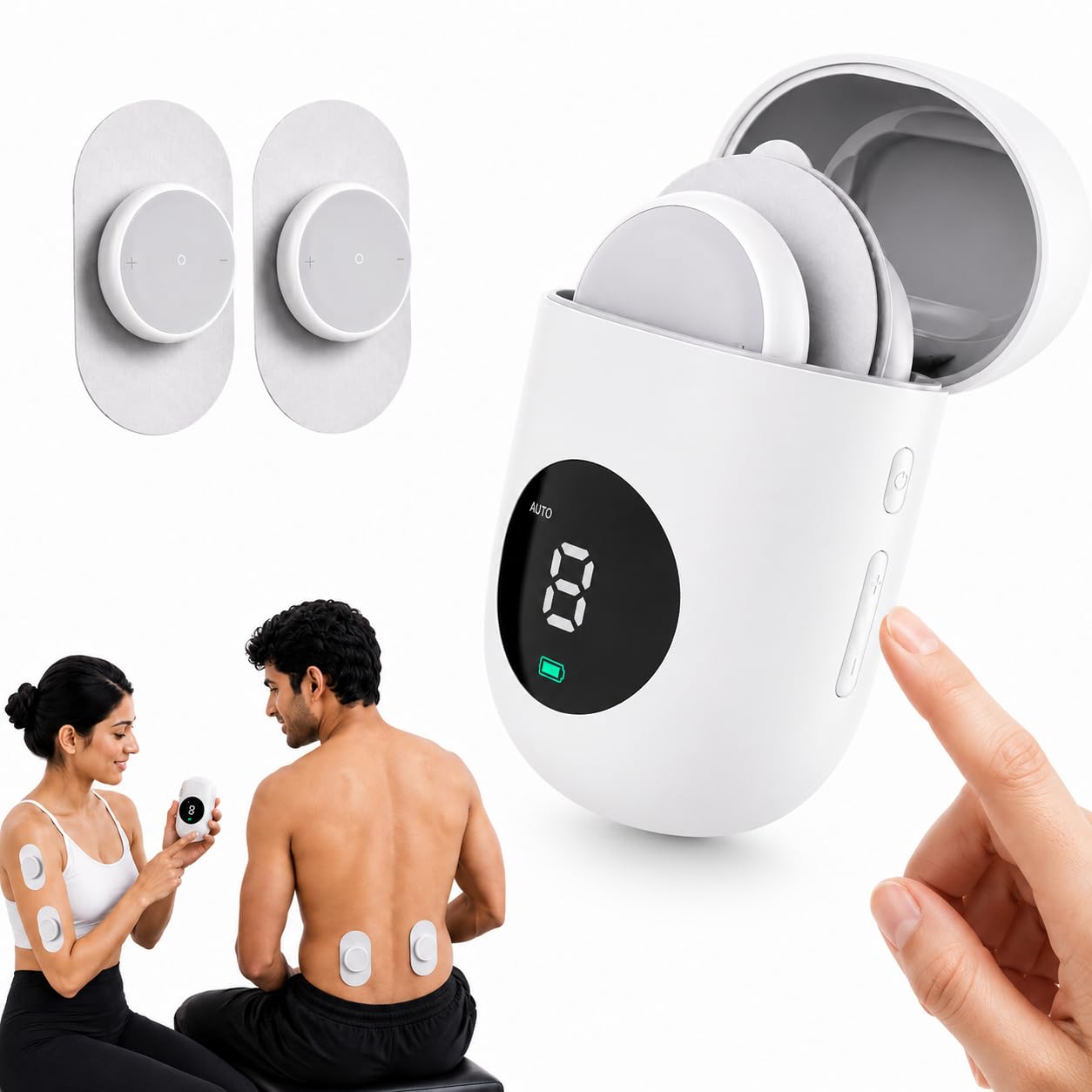 pulsepod wireless tens and ems muscle stimulator | portable smart therapy pods with charging case | 6 massage modes, 16 intensity levels | targeted relief |
