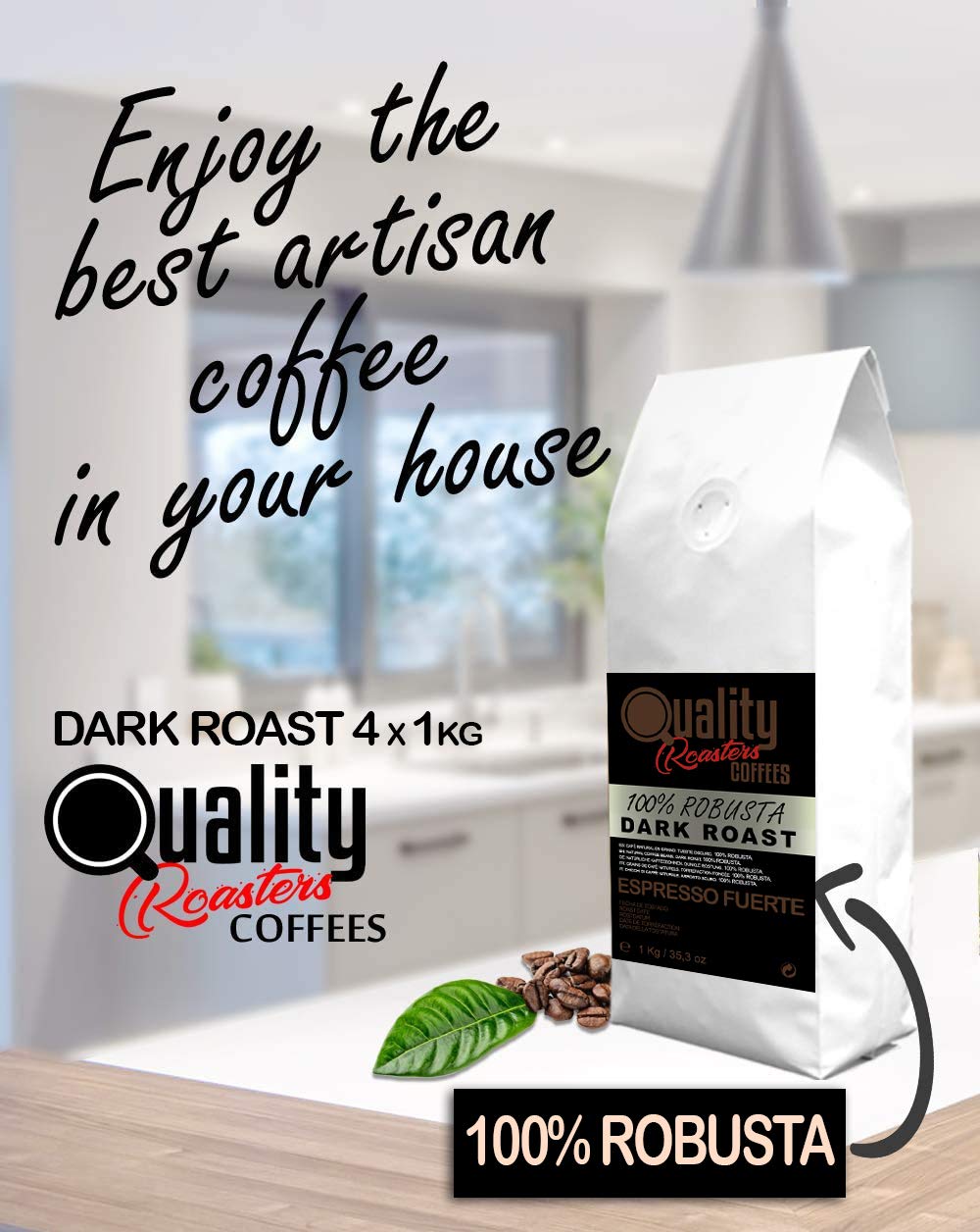 Quality Roasters Coffees. Grains de café naturels "Espresso Fuerte". Rôti noir. 100% Robusta. Pack de 4 Kg. Rôti à la main. Dark Roast. 4 x 1 Kg