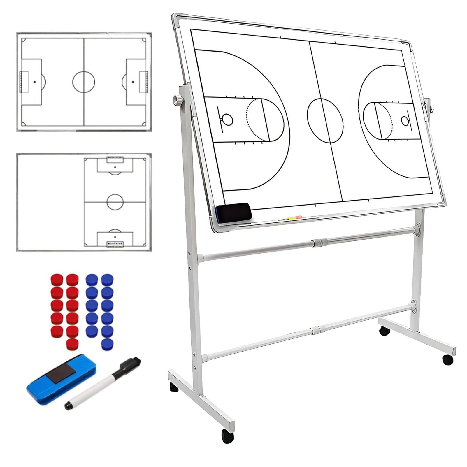 Lavagna bianca con ruote bifacciali per calcio, basket, calcio, con pennarello e gomma, staffa retrattile, lavagna tattica strategica