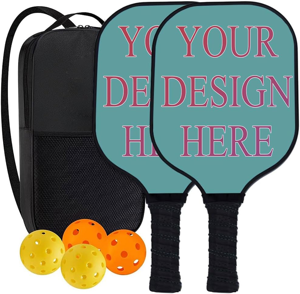 Custom Pickleballs Paddles Set, Personalized Pickleball Racquet with Photo Text Logo, 2 Paddles with 4 Balls and 1 Portable Carry Bag, Perfect First Paddle for Outdoor