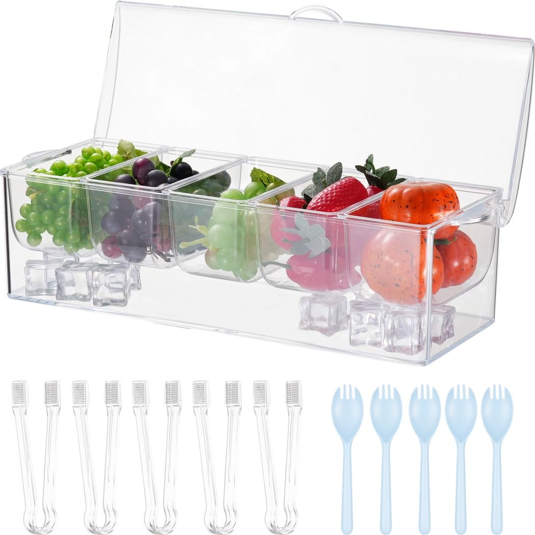 Contenitore refrigerato per condimenti a 5 scomparti, vassoio refrigerante per barbecue, picnic e campeggio, soluzione per la conservazione degli alimenti all'aperto