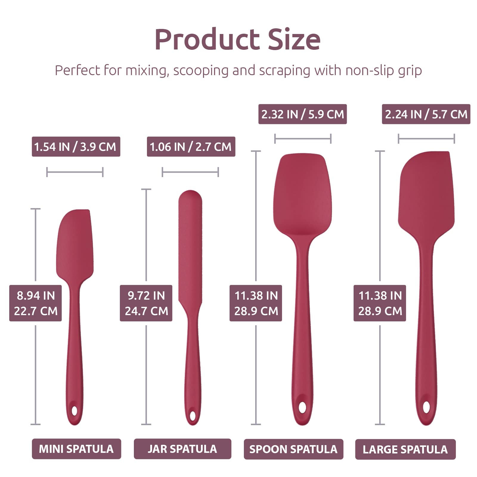 Heat Resistant Silicone Spatula Set: U-Taste 600ºF High Temp Seamless Food Grade Utensil, Flexible Rubber Silicon Kitchen Cooking Mixing Baking Scraper for Nonstick Cookware Set of 4 (Red)
