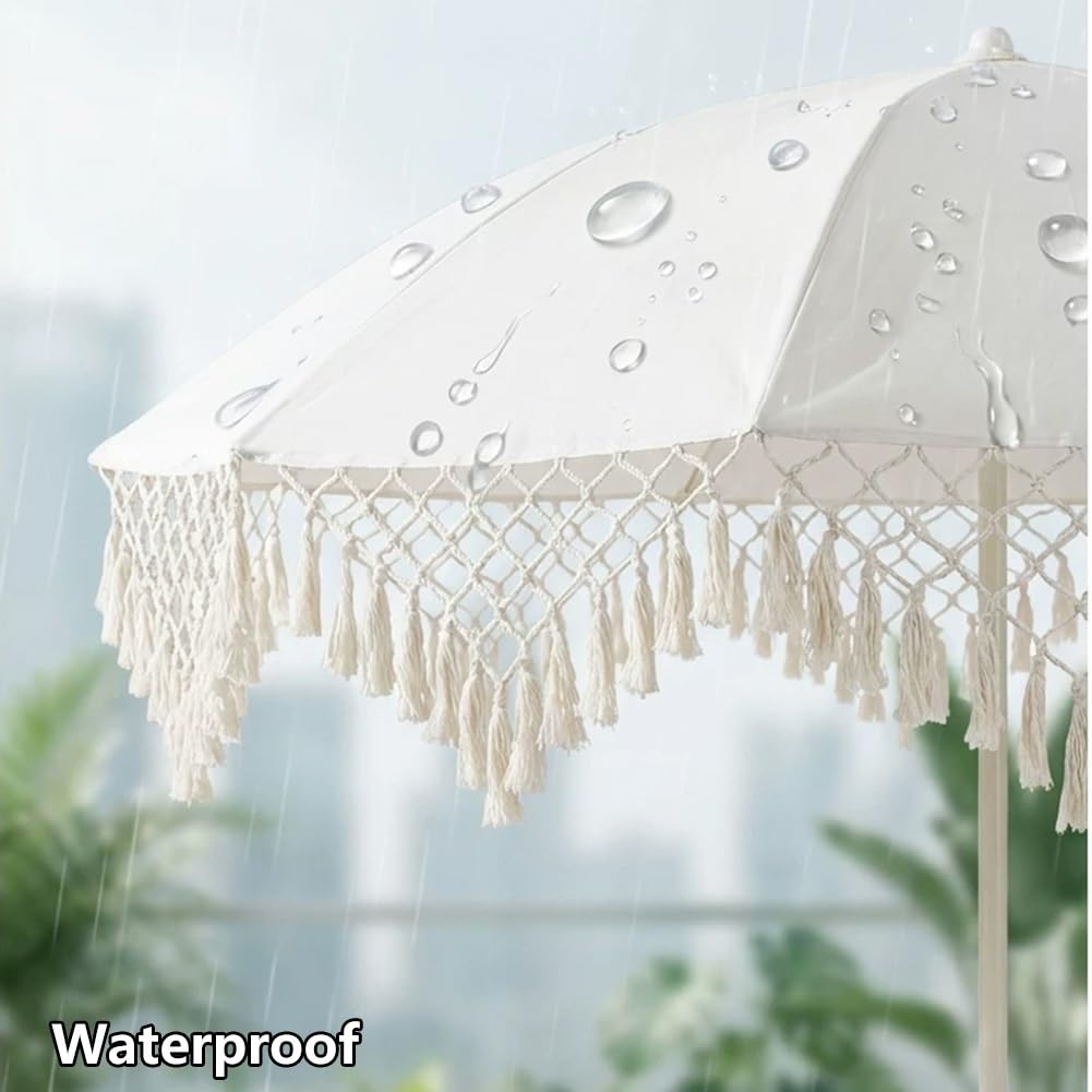 200 cm Parasol Przeciwsłoneczny z Frędzlami, Przenośny Parasol Ogrodowy z Regulacją Nachylenia, Ochrona UPF50+ do Ogrodu, Piknik, Przy Basenie