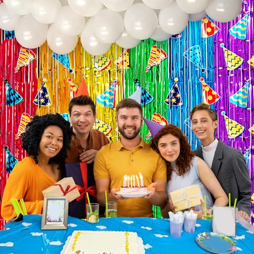 Image of Rainbow Balloon Garland Arch Kit Birthday Party Decorations, White Balloons Rainbow Cloud Foil Fringe Curtains Backdrop Colorful Tinsel Streamer Photo Booth Props Party Decor Supplies