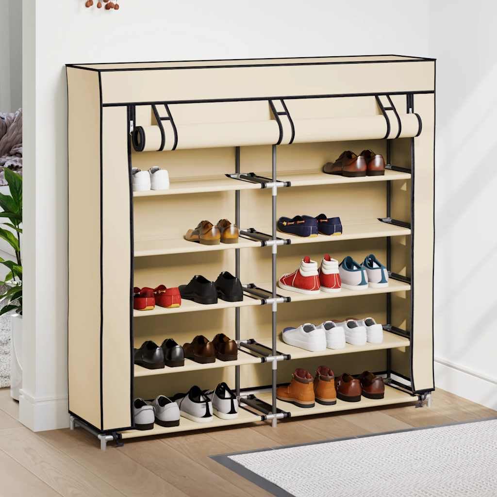 Armario de zapatos genérico 5 estantes funda no tejida crema 115x28x110 cm, rango de zapatos ligero con cremallera para 10 pares