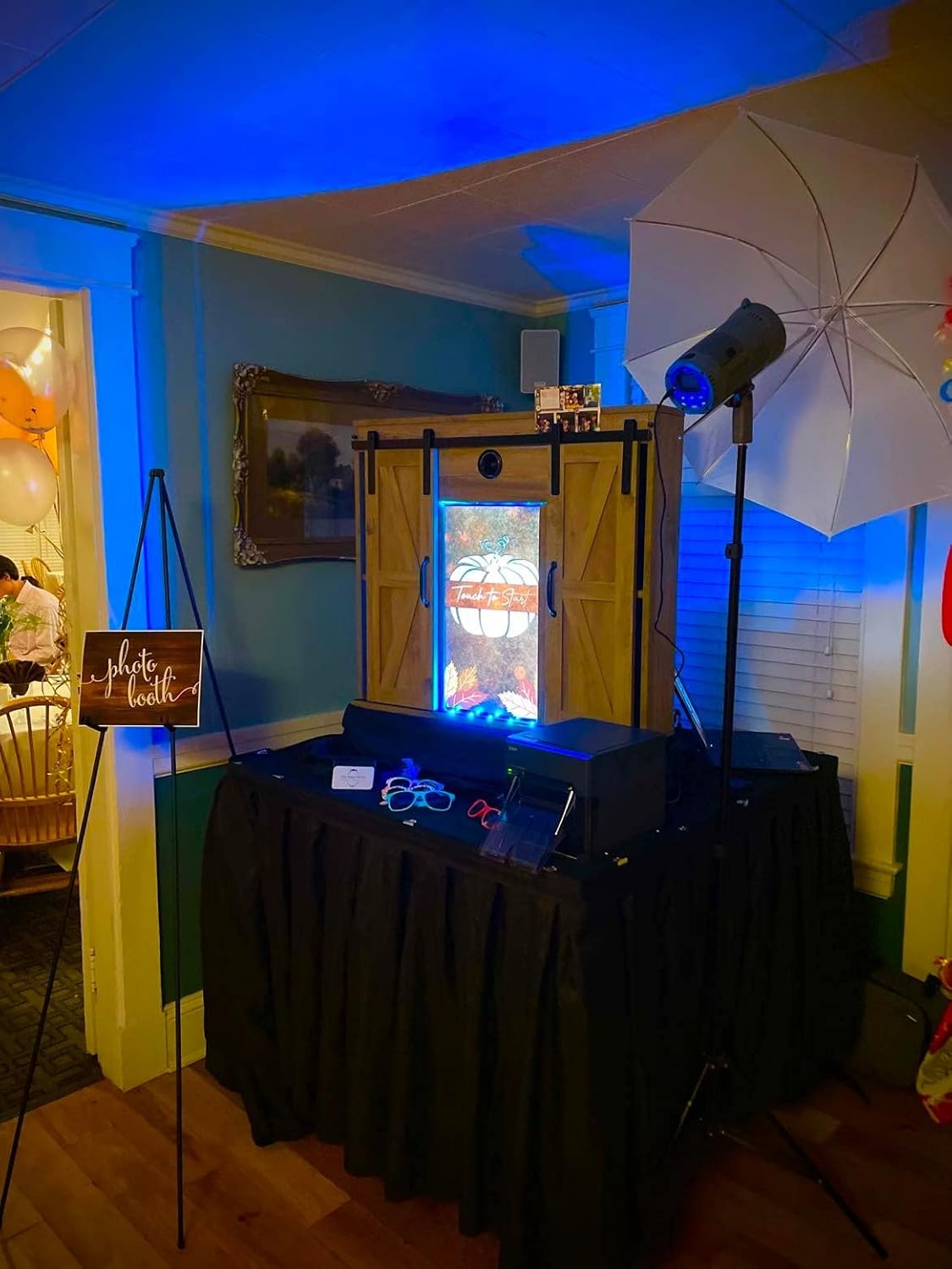 Rustic Photo Booth, 21.5 in Touchscreen, DSLR Camera, Flash, Tripod, Barn Doors, Brown, or White,LED Lights, DLSR Mount, All Cable Hardware Included