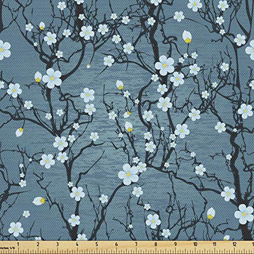 Lunarable Floral Fabric by The Yard, Sakura Tree Branches Pale Japanese Cherry Blossom Spring Form, Decorative Fabric for Upholstery and Home Accents, 1 Yard, Blue Black