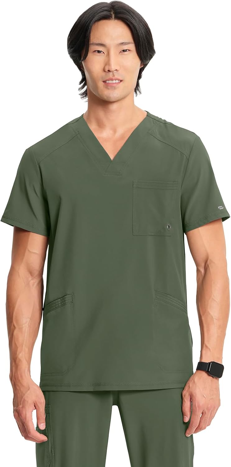 Cherokee Infinity Mens V-Neck Scrub Top Modern Fit, 3 Pockets, Rib-Knit Back Panels, Moisture-Wicking 360° Stretch – CK900A