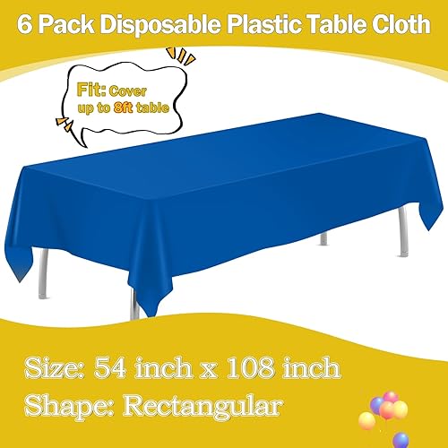 Miniatura 2 de Paquete de 6 manteles de plástico desechables de 54 x 108 pulgadas, manteles rectangulares de plástico para fiestas, color azul rey