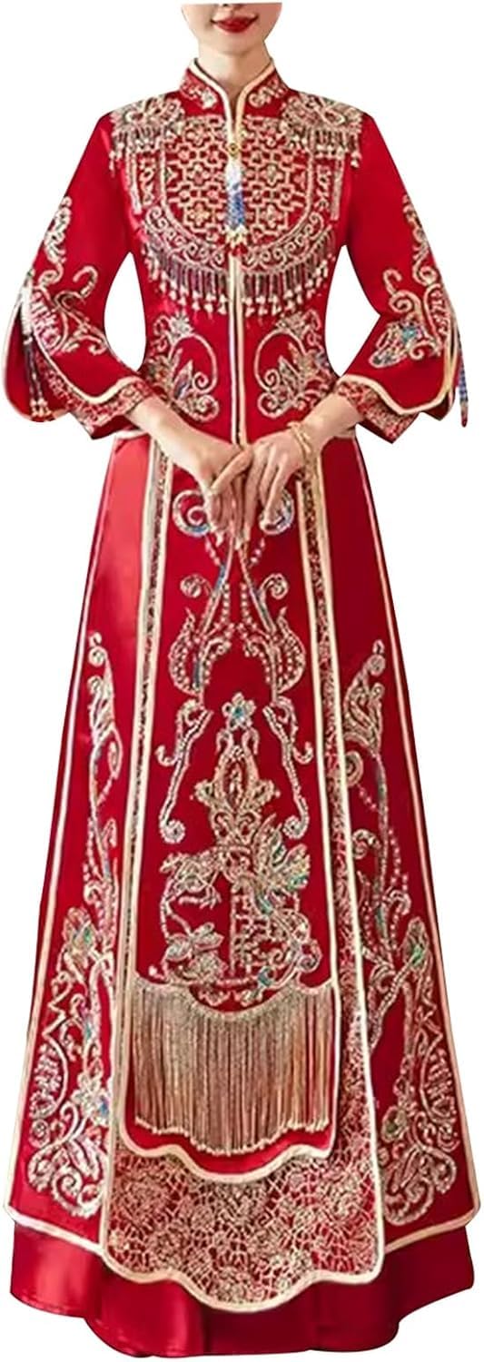 KRXSOBNV, Satin Finish Chinese Wedding Dress Gorgeous Embroidered Tops Qipao Suit for Occasions Such As Marriage Engagemen,Chinese Wedding Dress(Style1,8XL)
