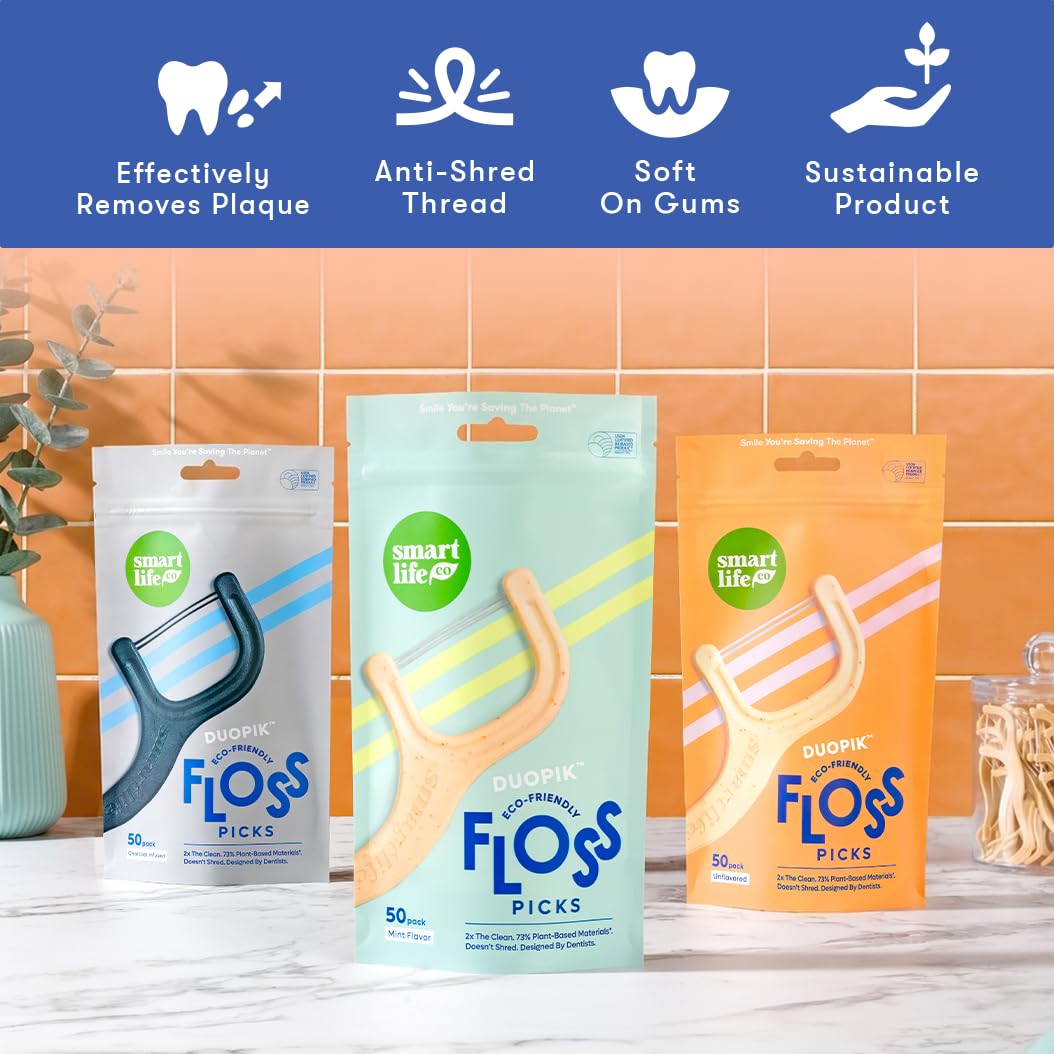 SmartLifeco Palillos De Hilo Dental De Doble Hilo Biodegradables* - Hilos Dentales De Carbón Para Adultos, Blanqueamiento Dental Totalmente Natural, Mango Ecológico, Palillos Suaves Para Las Encías, V