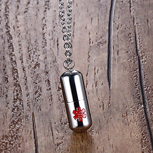 Flongo Fashion Pill Case Capsule Pendant Necklace Stainless Steel Mens Womens, 20 inch Chain, Cross Medicine Keepsake Pendant Necklace (Medical Alert Pill)2