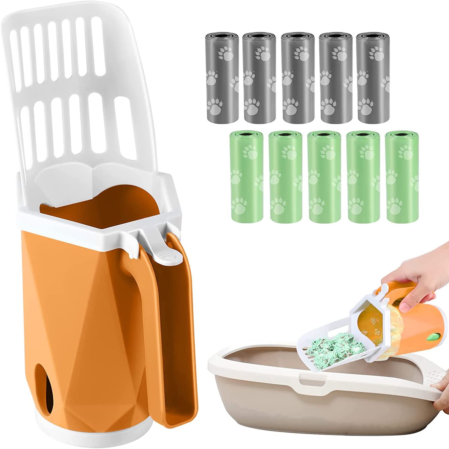 Paletta Lettiera Per Gatti Con Contenitore - Design Ergonomico, 10 Sacchetti Inclusi, Grigio