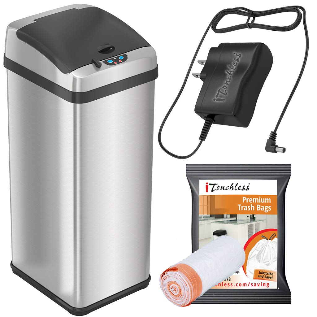 iTouchlessTouchless Trash Can with AC Adapter and 10 Premium Bags, Odor Control System, Big Lid Opening Sensor Kitchen Garbage Bin, 13 Gallon, Stainless Steel, platinum