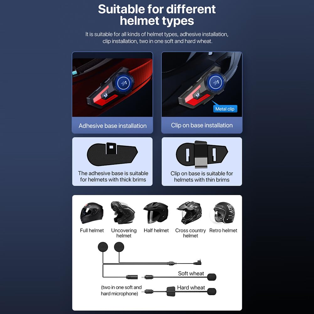 Interfono Bluetooth per moto, Interfono per casco moto Bluetooth Cuffia Comunicazione radio Sistema FM IP67 Kit vivavoce per moto impermeabile, Auricolare Bluetooth per moto/ATV/Bici/motoslitta