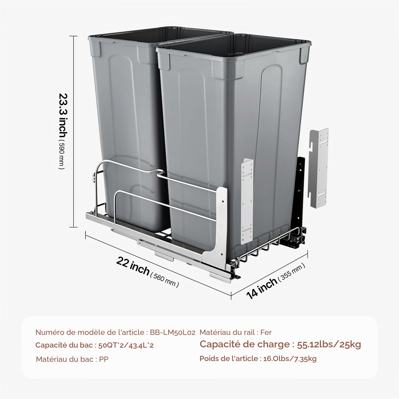 VEVOR Poubelle Coulissante sous Évier et sous Plan 2x43,4 L, Collecteur de Déchets avec Système Coulissant en Métal à Fermeture Douce, Système de Tri Sélectif Placard Meuble Bas, Cuisine, Gris