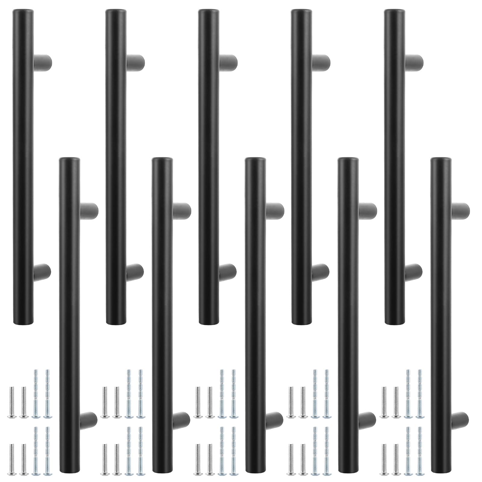 ASelected 10PCS Kitchen Door Cupboard Handles,188 MM Black Cabinet Door Pulls Handles,128 mm Hole Spacing Stainless Steel T Bar Handles with Screws for Wardrobe,Dresser,Door,Gate,Cabinets,and Drawers
