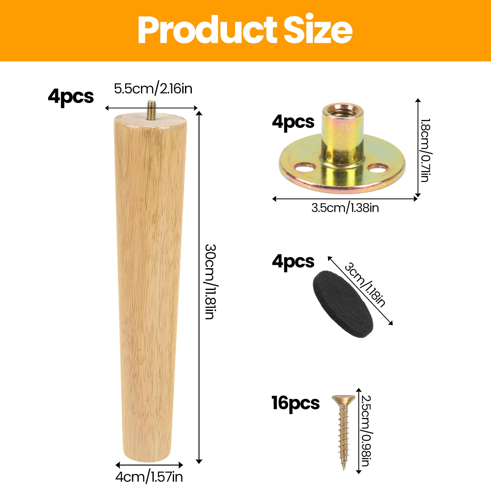 Luabue 12 inch Wooden Table Legs 30cm Chair Legs Furniture Feet Set of 4 Solid Rubber Wood Sofa Leg Replacement Bed Leg Dresser Feet with Non-Slip Floor Protection Pads and Screws - Image 2