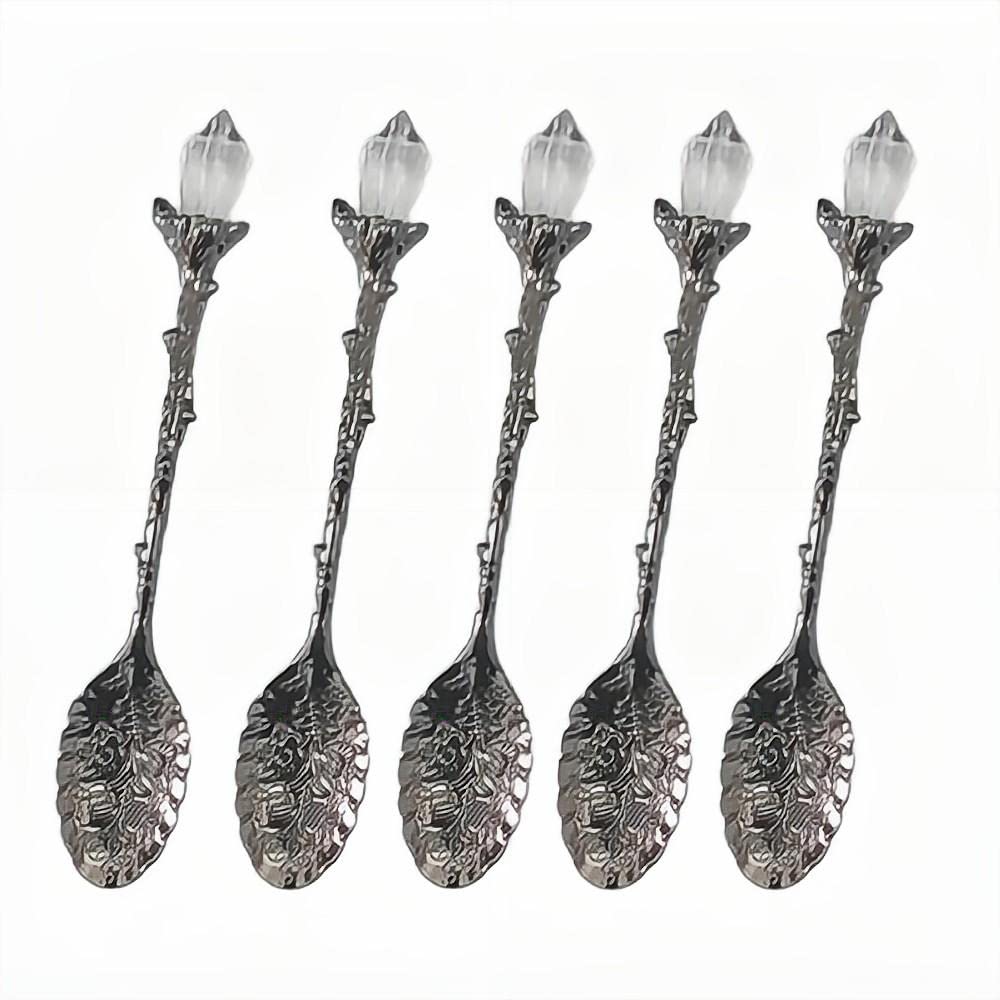 5-Piece Set - Retro Carved Crystal Head Pattern Zinc Alloy Leaf Spoon Creative Mug Dessert Coffee Ice Cream Fruit Tea Spoon (Gun Black - 5 Piece Set)