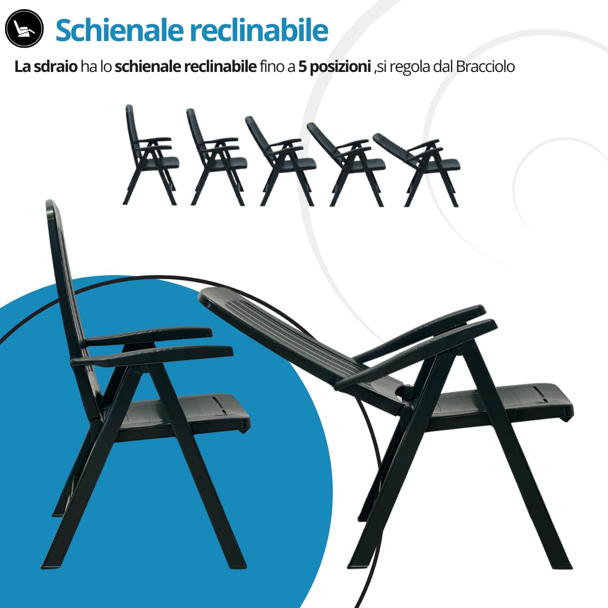 Tomaino Sdraio da giardino pieghevole in plastica - Poltrona per esterno, casa, campeggio reclinabile - 5 posizioni- Con braccioli (Nero)