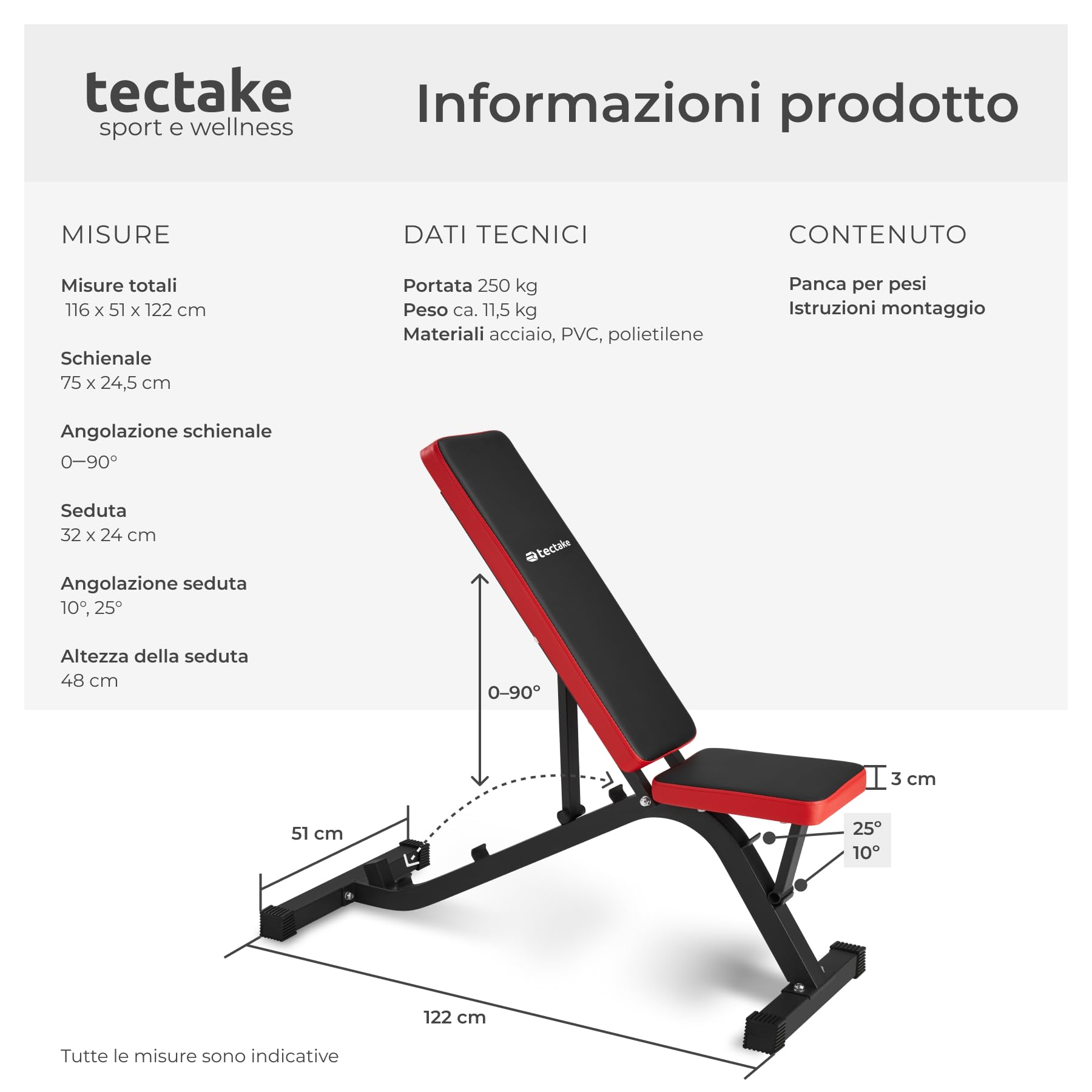 tectake® Panca Palestra Regolabile Multifunzione 116x51x122cm, Panca Inclinata per Pesi Palestra, Attrezzi Home Gym per Bicipiti, Pettorali e altro, Allenamento a Casa, Workout, Fitness - Nero/Rosso