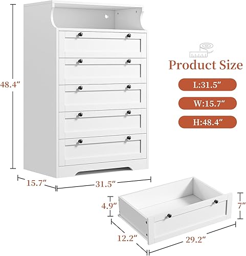 Miniatura 2 de EnHomee Cómoda para dormitorio, cómoda blanca con LED, cómoda alta con 5 cajones, cómoda blanca para dormitorio, cómoda de dormitorio y cómodas,