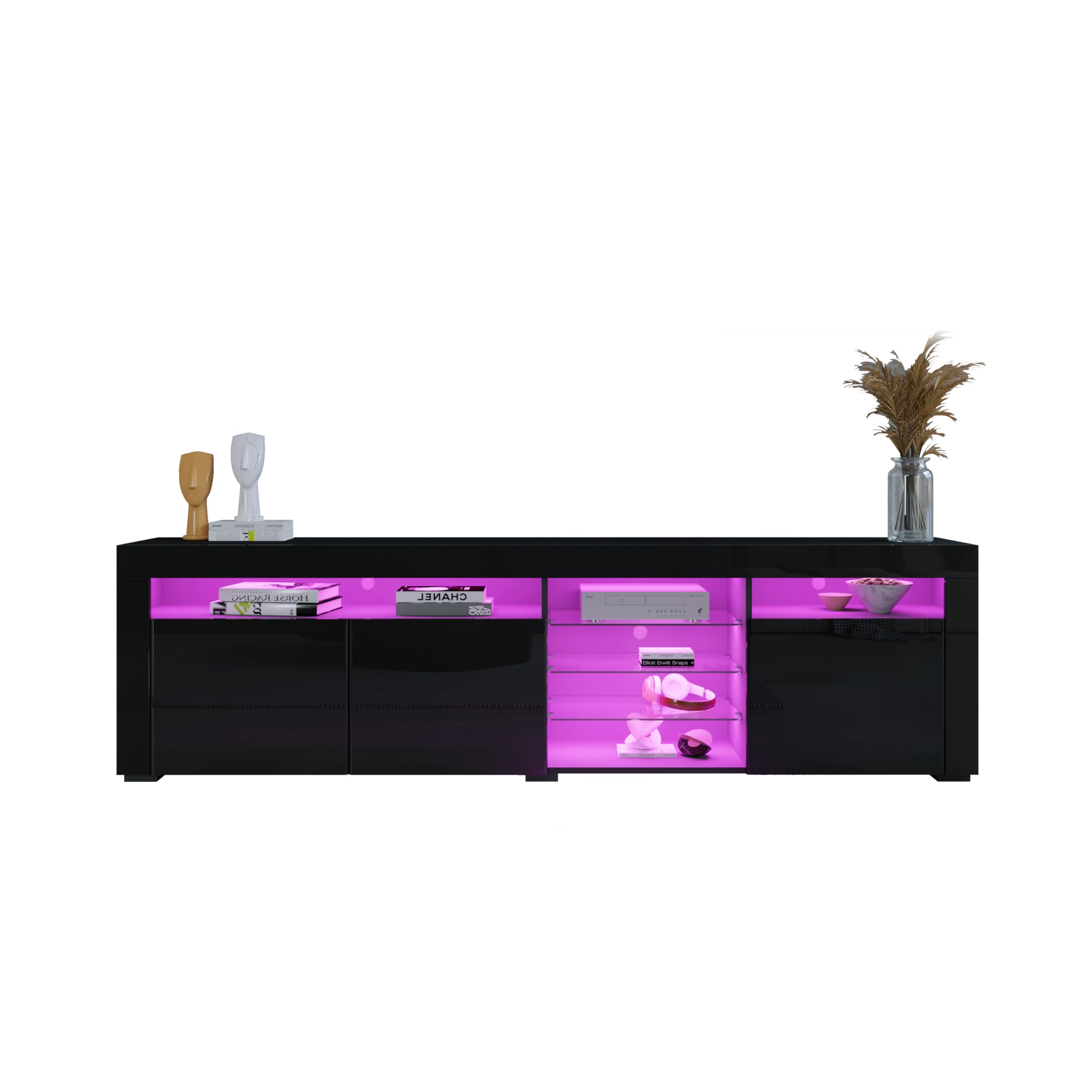 180cm LED TV Schrank Modernes Hochglanz TV Board, Schwarz | mit 3 Türen & Glasböden Fernsehschrank für Wohnzimmer Schlafzimmer Möbel, 180 x 35 x 53 cm