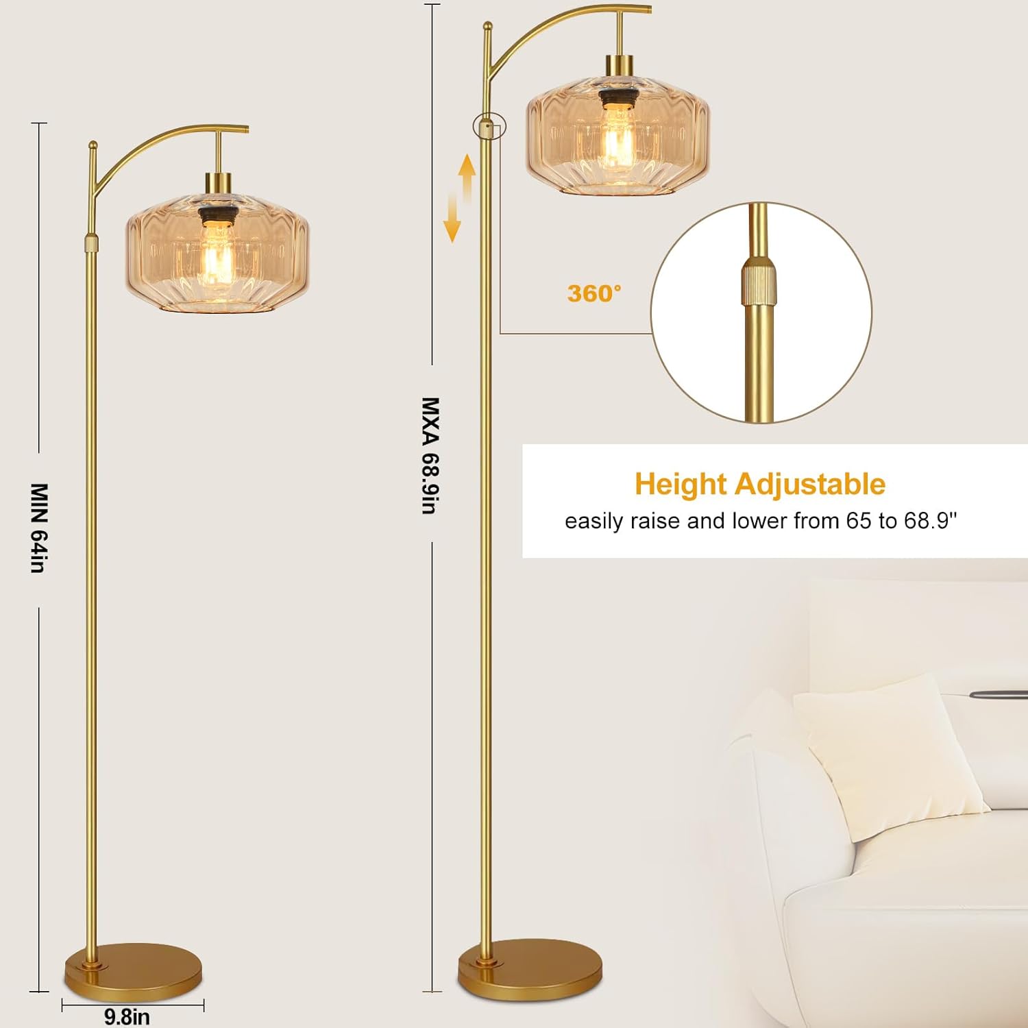 Gold Floor Lamps for Living Room Vintage Floor Lamp with Remote Control,Dimmable Floor Lamp Glass Mid Century Modern Standing Lamp 3 Color Temperature Brass Tall Floor Lamps for Bedroom Corner