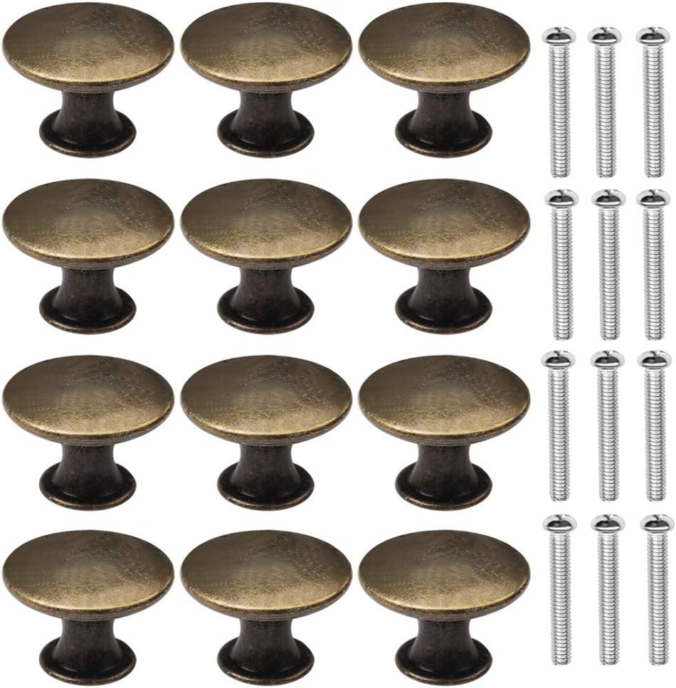 12 Pcs Bronze Kitchen Cabinet Drawers Cupboard Door Knobs, Vintage Copper Round Knobs Handles for Drawer Wardrobe Cupboard Door(30mm/with Screws)