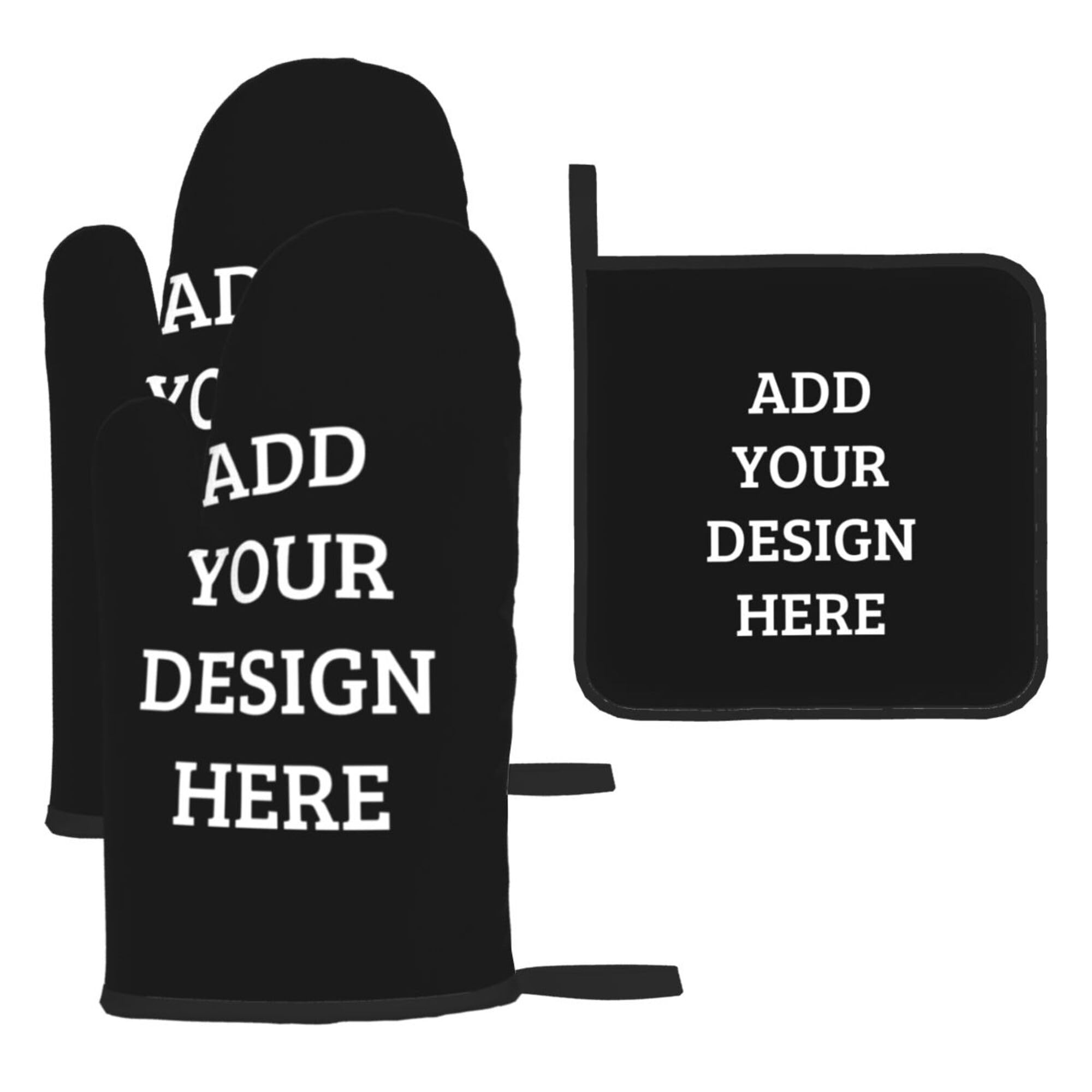 Personalized Oven Mitts Custom Pot Holders Set Add Your Photo Image Customized Resistant Hot Pads Non-Slip BBQ Gloves and Mat for Kitchen,Cooking,Baking,Grilling(2 Oven Mitts+ 1 Pot Holders)