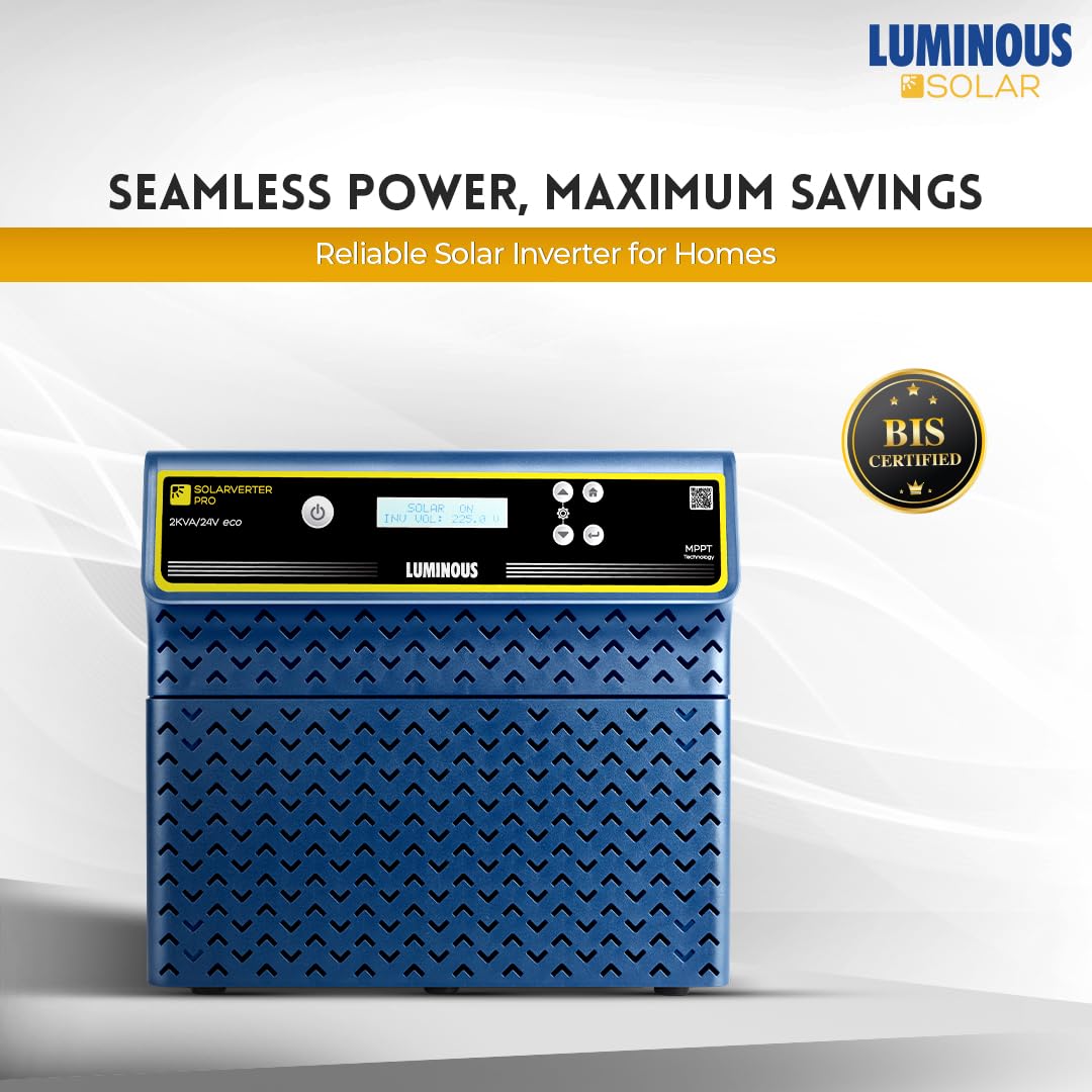 Luminous SOLARVERTER PRO 2KVA ECO with its LCD display showing 'SOLAR ON' status