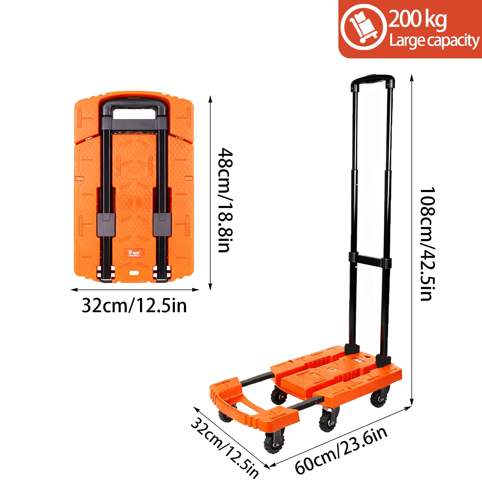 Carrello Pieghevole Grande 6 Ruote Da 200kg – Compatto Per il Bagagliaio Dell’Auto, Telaio Estensibile, Perfetto Per la Spesa Settimanale, Acquisti Ingombranti E Traslochi (Arancione)