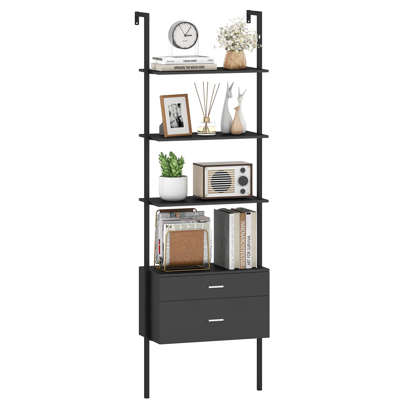 COSTWAY Libreria a Scala 184 cm, Scaffale da Parete a 6 Ripiani con 2 Cassetti e Struttura in Metallo, Ripiano Espositivo Aperto Moderno per Soggiorno Studio Ufficio, 60 x 30 x 184 cm (Nero)
