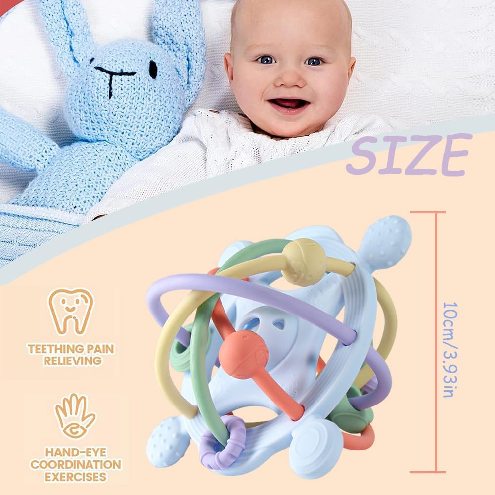 Juguete Mordedor Pelota Bebé, Juguetes Sensoriales para La Dentición Juguete de Denticion Sonajero para Bebe Juguetes Educativo Temprano Montessori para Bebés de 3 a 18 Meses(Azul)