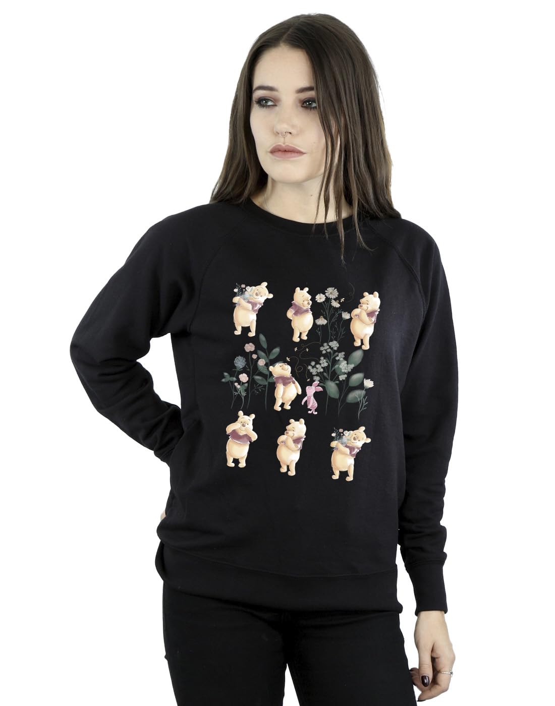 Disney Women's Winnie The Pooh Flower Heart Sweatshirt Black Medium