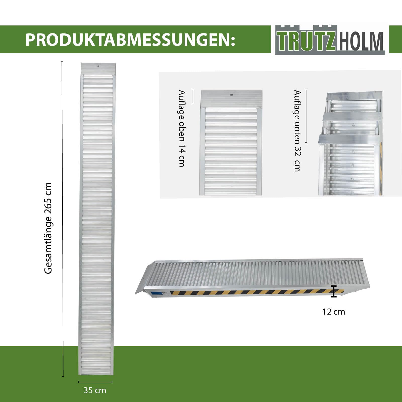 TRUTZHOLM 1 x Profi Schwerlastrampe 265cm Traglast 1650 kg Alu 35 cm Breite grau Auffahrrampe Verladerampen