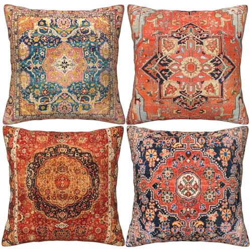 HOSTECCO Kilim Cushion Covers 45x45 cm Pack of 4 Vintage Tribal Print Cushion Cases Ethnic Patterned Decorative Pillow Covers for Couch Sofa Bed Office