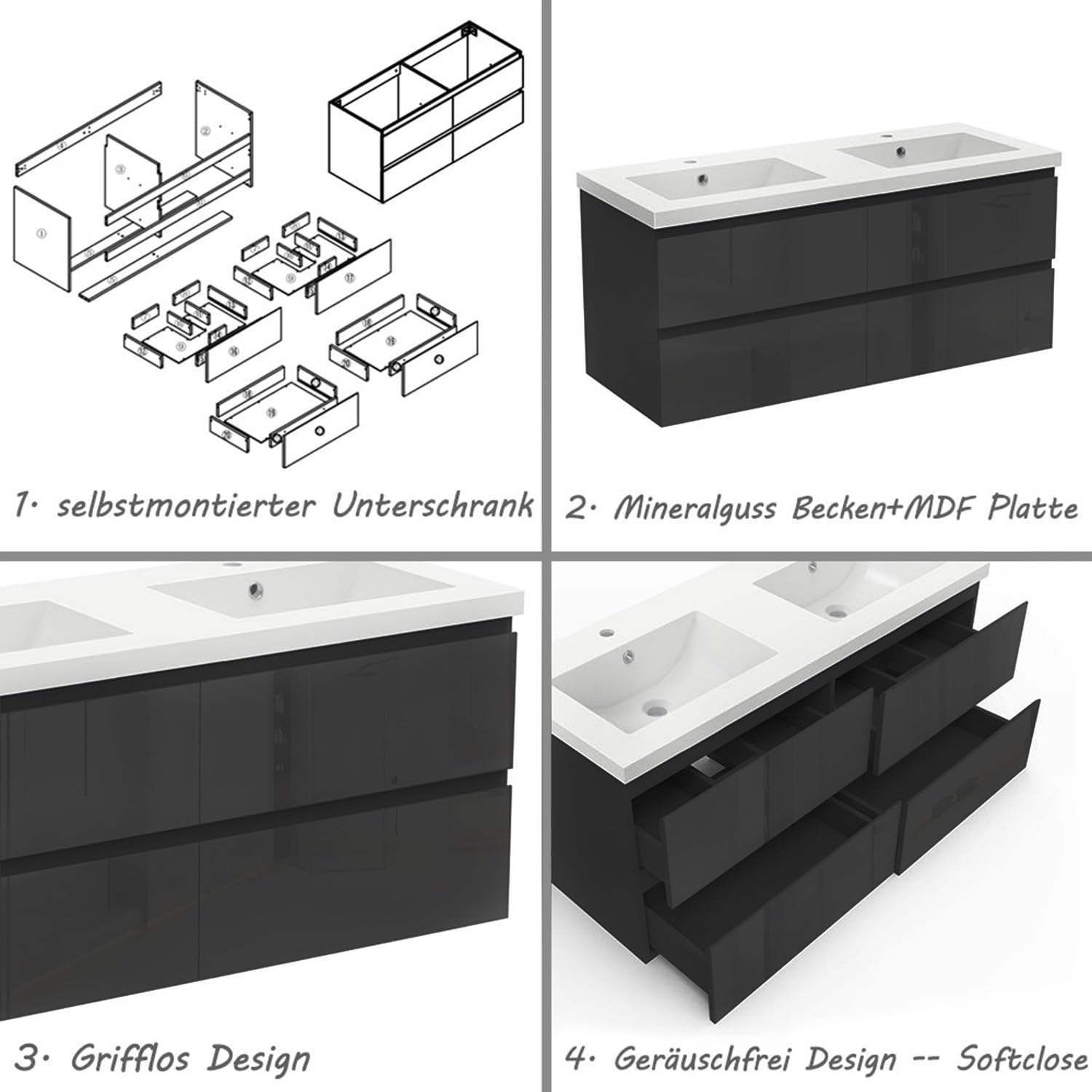 Badezimmermöbel 120cm Mineralguss Waschtisch mit Unterschrank Badmöbel Set Badezimmerschränke mit 2 Soft-Close Schubladen Hochglanz Schwarz